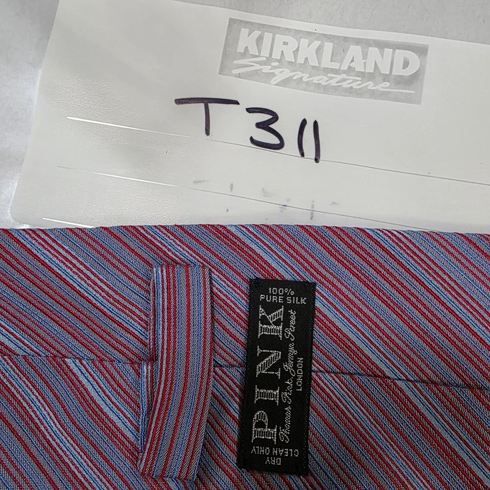 Thomas Pink London Mens Silk Tie Red Blue Grey Striped Made in France Classic